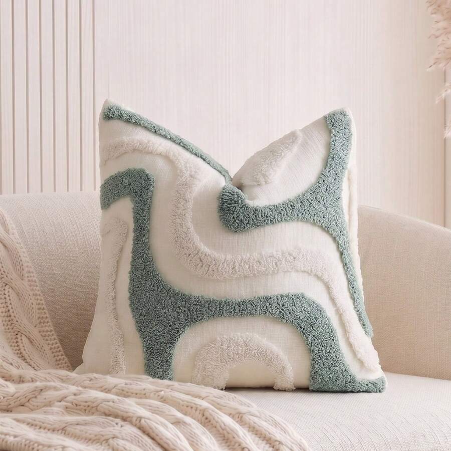 1PC/2PCS Boho Abstract Wave Tufted Throw Pillow Covers, 3D Textured Geometric Square Cushion Cases, Soft Curved Striped Decor Sofa Pillows For Minimalist Wabi-Sabi Neutral Living Room Home Decor, Multiple Colors Available, Pillow Inserts Not Included - Teal Blue - View 1