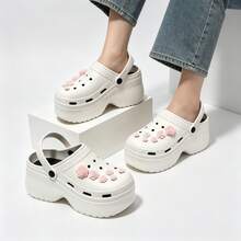 Women's High Heel Height-Increasing Rose Decor Clog Sandals, Thick Sole Breathable Slip-On Wedge Beach Slides, Anti-Slip Outdoor Wear - White - View 4