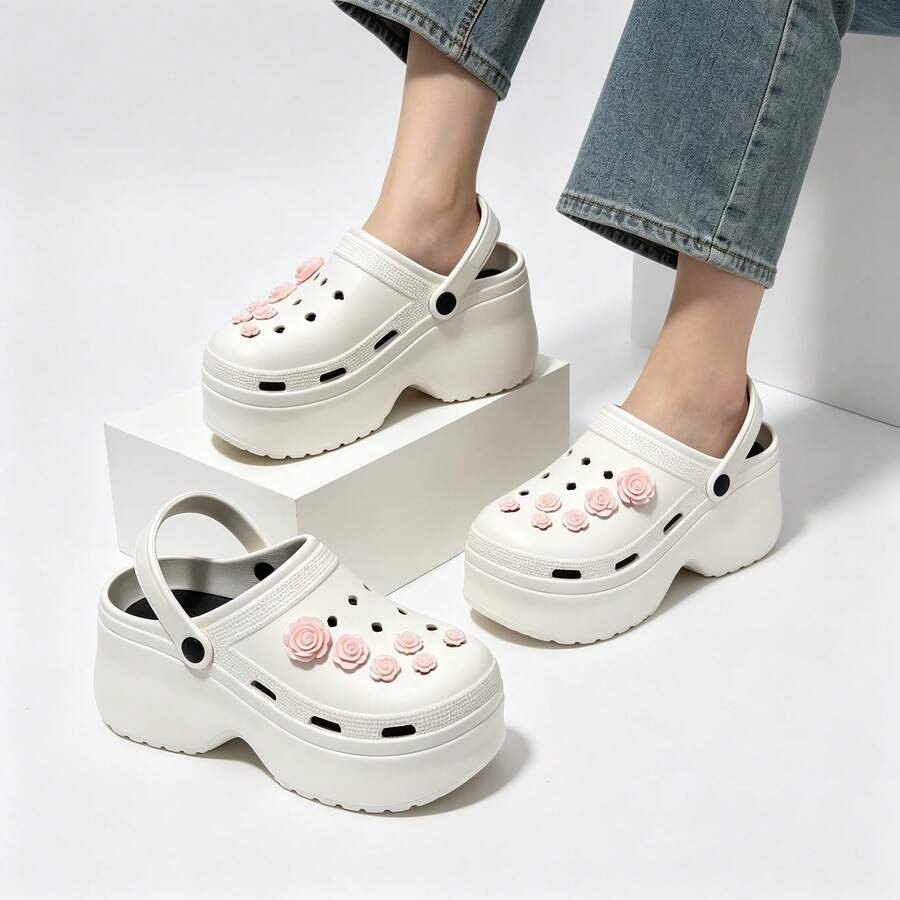 Women's High Heel Platform Clogs With Rose Decor, Breathable Perforated Design, Thick Sole, Slip-On Beach Sandals, Anti-Slip, Outdoor Wear - White - View 1