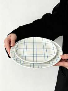1pc Bamboo Fiber Material Double Line Plaid Plate, Breakfast Fruit Plate, Dessert Salad Plate, Baby Complementary Food Plate - Multicolor - View 6