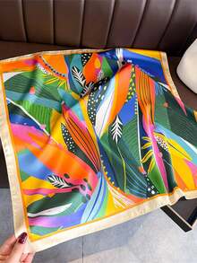 1pc 65*65cm Retro Bright Abstract Jungle Leaf Square Satin Silk Scarf With Yellow Trim, Thin Multi-Purpose Scarf For All Seasons, Daily Outing & Party - Multicolor - View 6