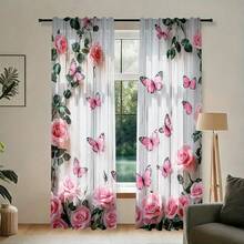 2pcs High Definition Digital Sweet Girl Style Pink Rose Butterfly Print Decorative Curtains, Polyester Material, Easy To Install, Rod Pocket Hanging, Semi-Transparent Privacy Protection, Machine Washable And Hand Washable, Suitable For Bedroom, Office, Kitchen, Living Room, Study, Home Decor. - Multicolor - View 9