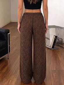 Women's Summer Lightweight Breathable Leopard Print Casual Pants, Elastic Waist Drawstring Loose Drape Lazy Bohemian Style Wide Leg Long Pants - Coffee Brown - View 6