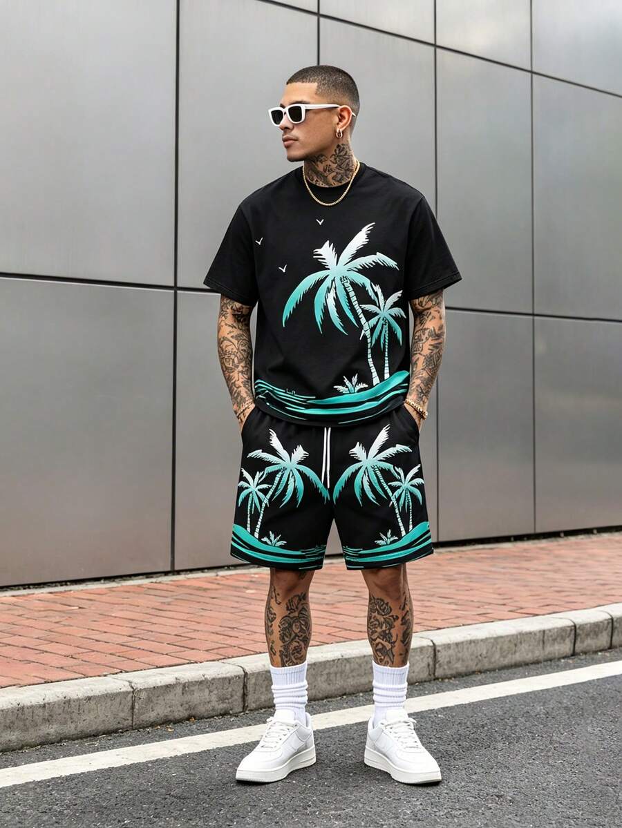 Men's Round Neck Coconut Tree Print Short Sleeve T-Shirt And Shorts Casual Daily Set - Multicolor - View 1