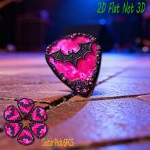 6pcs Flat Guitar Picks Made Of Durable ABS Material, Black Bat Design In The Center, Pink Purple Gemstone Inlaid On The Edge. It's The Perfect Holiday Gift For Music And Guitar Enthusiasts. - Multicolor - View 1