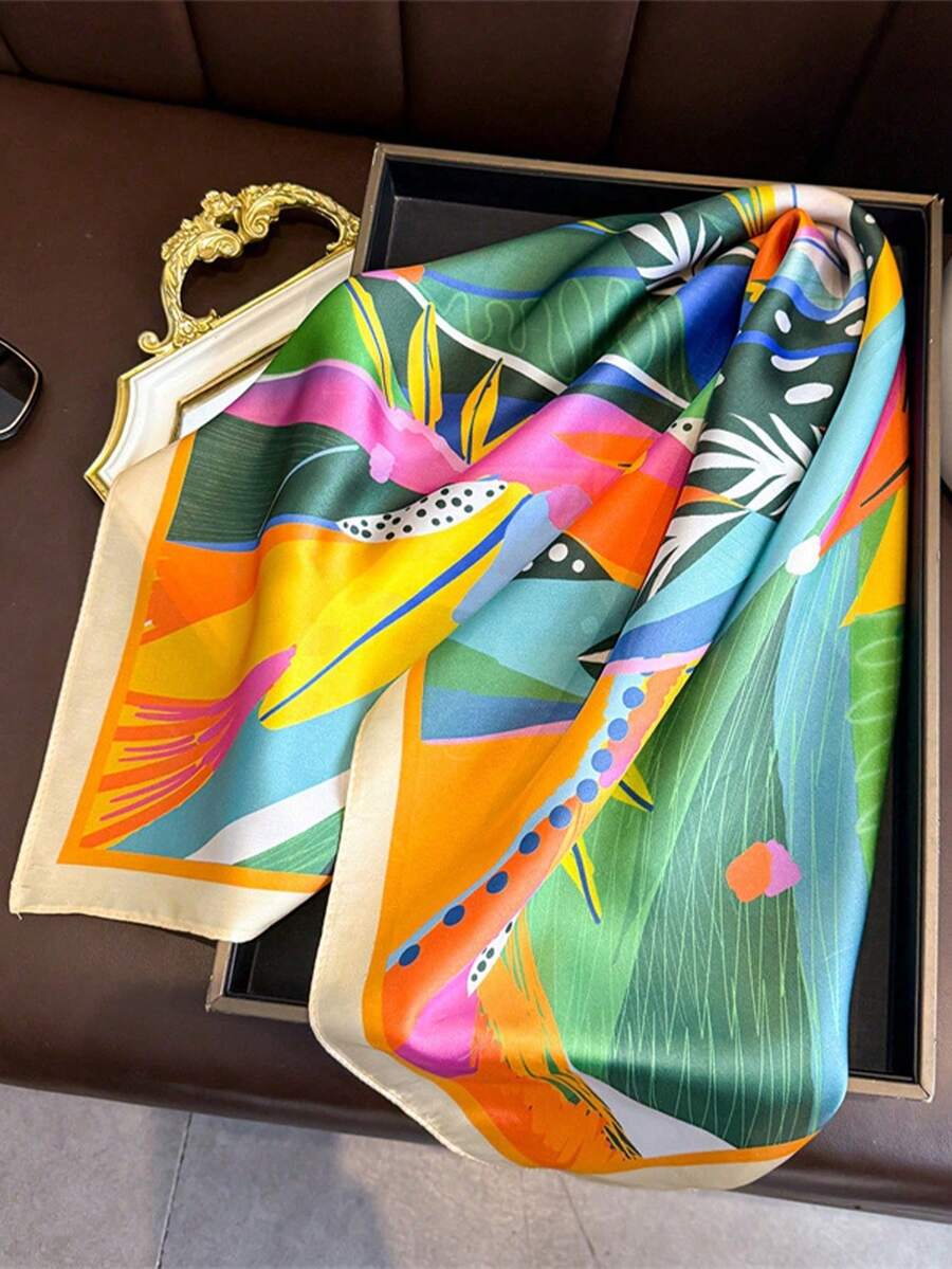 1pc 65*65cm Retro Bright Abstract Jungle Leaf Square Satin Silk Scarf With Yellow Trim, Thin Multi-Purpose Scarf For All Seasons, Daily Outing & Party - Multicolor - View 1