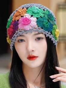 Women's Spring/Summer New Artistic Style Colorful Floral Hollow Swirl Knit Wool Beanie - Multicolor - View 5