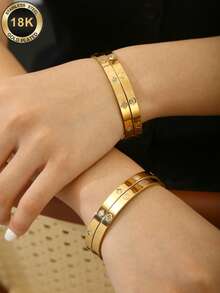 TONSI 1pc 18K Gold Plated Open Cuff Bracelet, Stainless Steel Open Bracelet, Screw Design, Unisex, Stainless Steel Bracelet With Cubic Zirconia - Gold - View 12