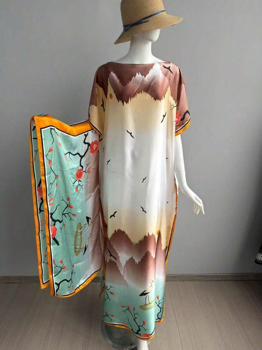 1件裝女款花卉印花絲綢感披肩套裝，附小圍巾，套頭式裝飾外衣，適用海灘、防曬、防風、抗UV、日常穿著 - 彩色 - 查看 1