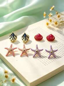 Fresh Summer Ins Gloss Glaze Multi Earrings,Sunflower&StarfishShell&Butterfly&StripedBallEnamel,304Steel,LightweightAccessoryForStudentDailySchoolWear - Multicolor - View 9
