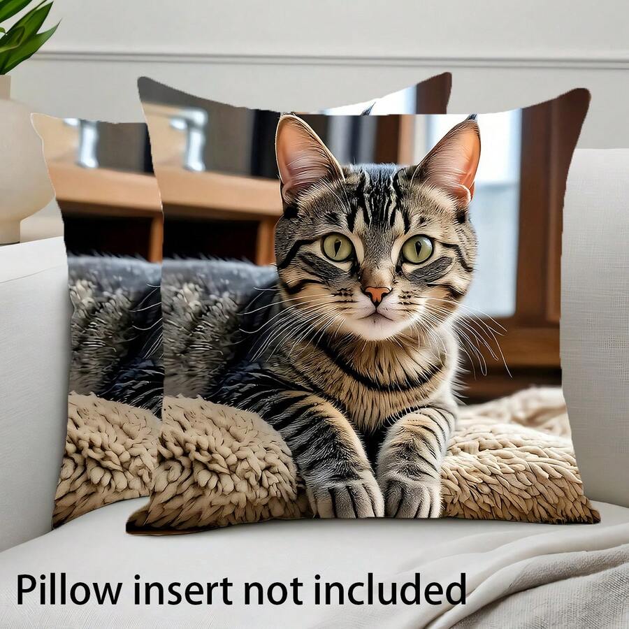 2 Stücke realistische Tiger-Tabby-Katzen-Kissenbezüge, hochauflösender Haustier-Katzen-Porträt-Muster, einseitiger 2D-Flachdruck, 45*45cm (18*18in), weiche und bequeme Polyester-Kissenbezüge, Reißverschluss, maschinenwaschbar, geeignet für Wohnzimmer, Schlafzimmer, Heimdekoration (nur Kissenbezüge, Innenkissen nicht enthalten) - Verschiedenfarbig - Übersicht 1