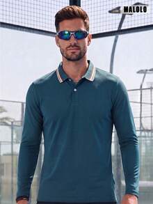Men's Teal Long Sleeve Polo Shirt, Contrast Striped Collar, Regular Fit, Classic Casual Golf Work Everyday Basic Top - Teal Blue - View 9