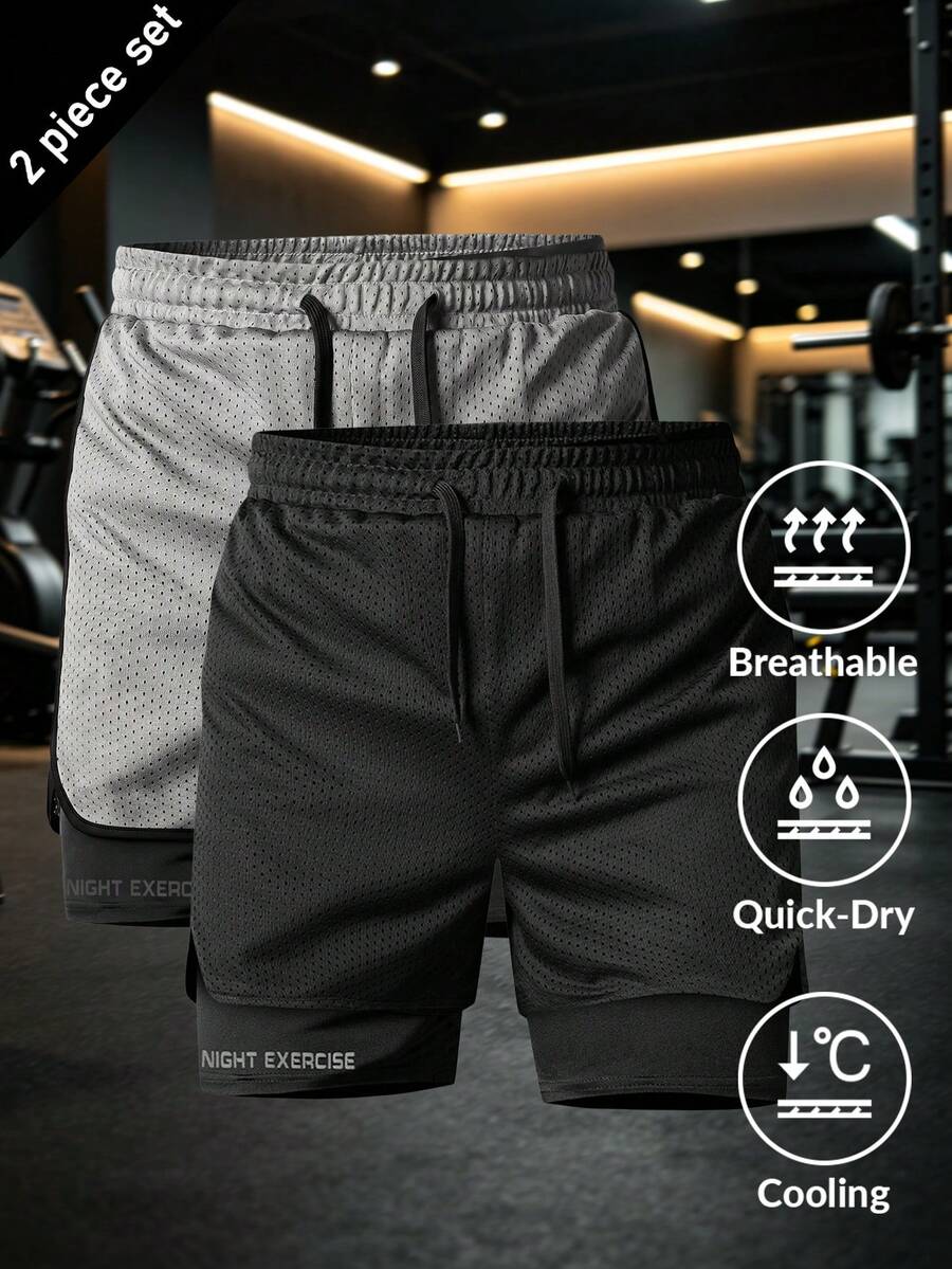 2pcs Men's Summer 3/4 Quick-Dry Sports Pants With Letter Print Elastic Lining Casual Shorts For Fitness And Running - Multicolor - View 1