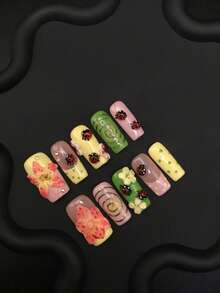 Handmade Macaron Polka Dot Press On Nails, Stereo Ladybug Floral Gilded Spiral Line, Medium Square Spring Cute False Nails For Daily Wear - Multicolor - View 3
