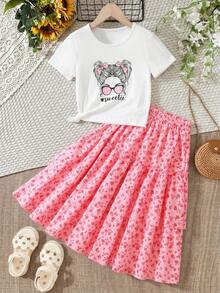 2pcs/Set Girls Casual Sweet Cool Outfit Cartoon Print White T-Shirt + Floral Cake Skirt Fashion Two Pieces Set Suitable For Summer - Pink - View 1