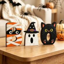 3pcs Halloween BOO Wooden Desktop Decor, Freestanding Thick Wood Decorations, Includes Mummy B, Witch Ghost And Black Cat, Cute Cartoon Layered Tray Decor, Suitable For Halloween Party, Window Display And Holiday Photo Props - Multicolor - View 3