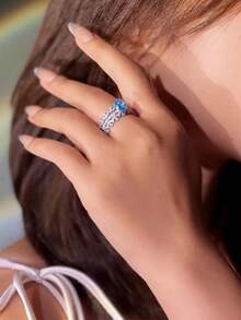 1 Set Cincin Lamaran Romantis Warna Biru Tua Oval 3 Buah, Cincin Tumpuk Berenda Vintage, Set Hadiah Perhiasan Ulang Tahun Pernikahan untuk Pacar - set cincin - View 3