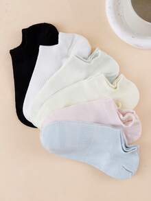 Random 6 Pairs Women's Short Socks, Light Color Ribbed Cuff, Cotton Breathable, Suitable For Spring/Summer Casual Wear - Multicolor - View 2