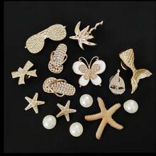 14/15件海洋風金白色可拆卸鞋飾，海星貝殼美人魚帆船珍珠裝飾，適用於打孔涼鞋拖鞋包包，生日禮物 - 金色 - 查看 7