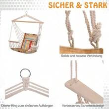 Hanging Chair With Cushion And Crossbar, Easily Portable, Easy To Pack, Load Capacity Up To 100 Kg, Multicoloured For Garden & Balcony - Multicolor - View 3