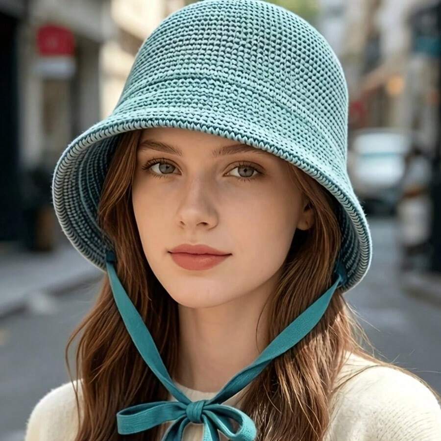 Summer Floppy Sun Hat For Women, Large Head Circumference Adjustable Tie, Fashionable Breathable Knit Bucket Hat With Back Slit, Sun Protection - Multicolor - View 1