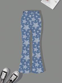 Girl's Cartoon Letter Print Crew Neck Sweatshirt & Slim Fit Star Print Flare Jeans, 2pcs Set For Autumn/Winter - Baby Blue - View 7
