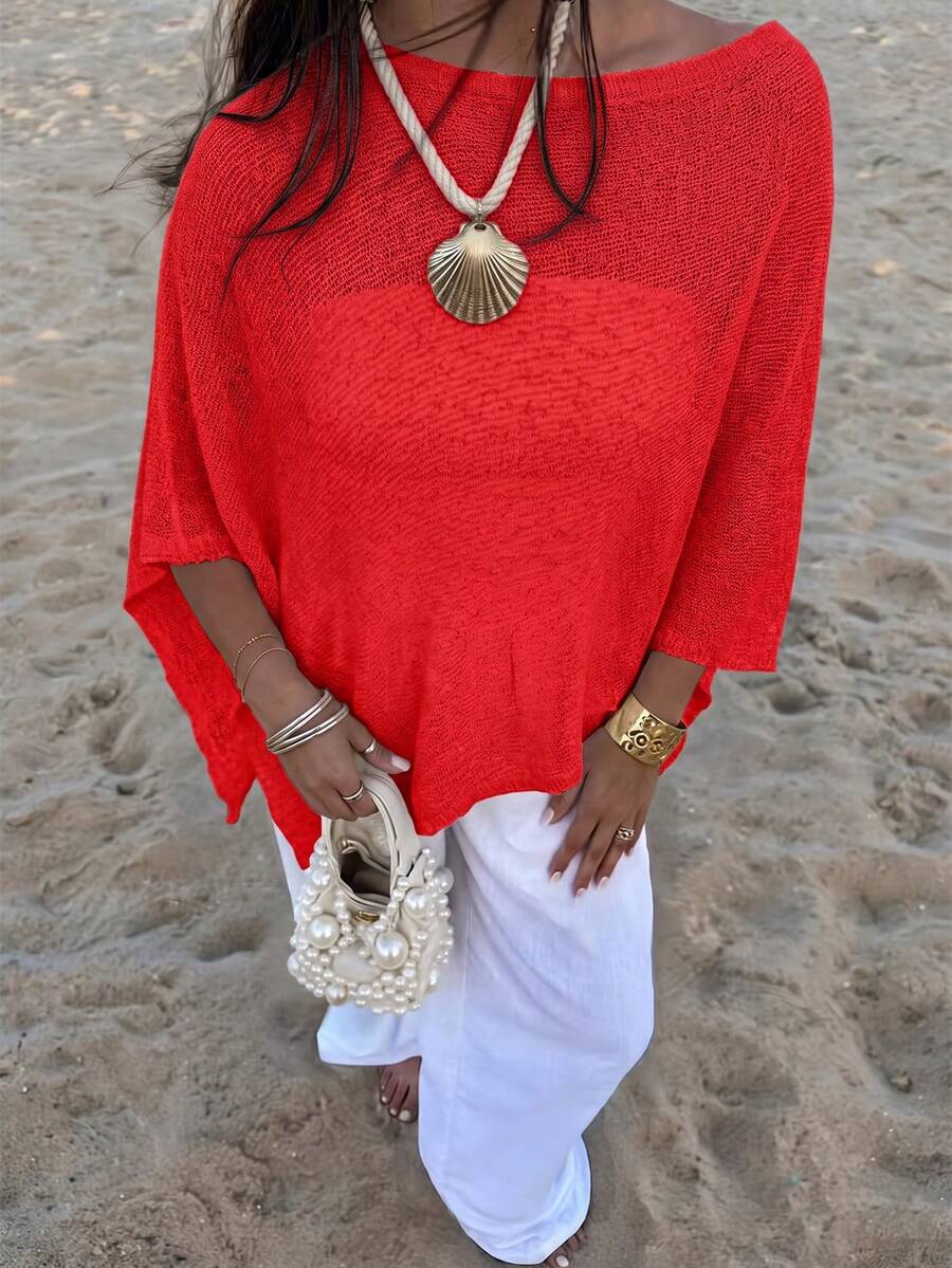 Drape-Neck Sheer Knit Poncho Beach Cover-Up Shawl - Red - View 1