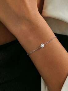 1pc S925 Sterling Silver Minimalist Ins Style Single Diamond Thin Bracelet, Korean Personalized Fresh Elegant High-End Simple Hand Accessory, Light Luxury Niche Fashion Versatile Women's Jewelry For Daily Wear, Casual, Layering, Gift - Diamond - View 8