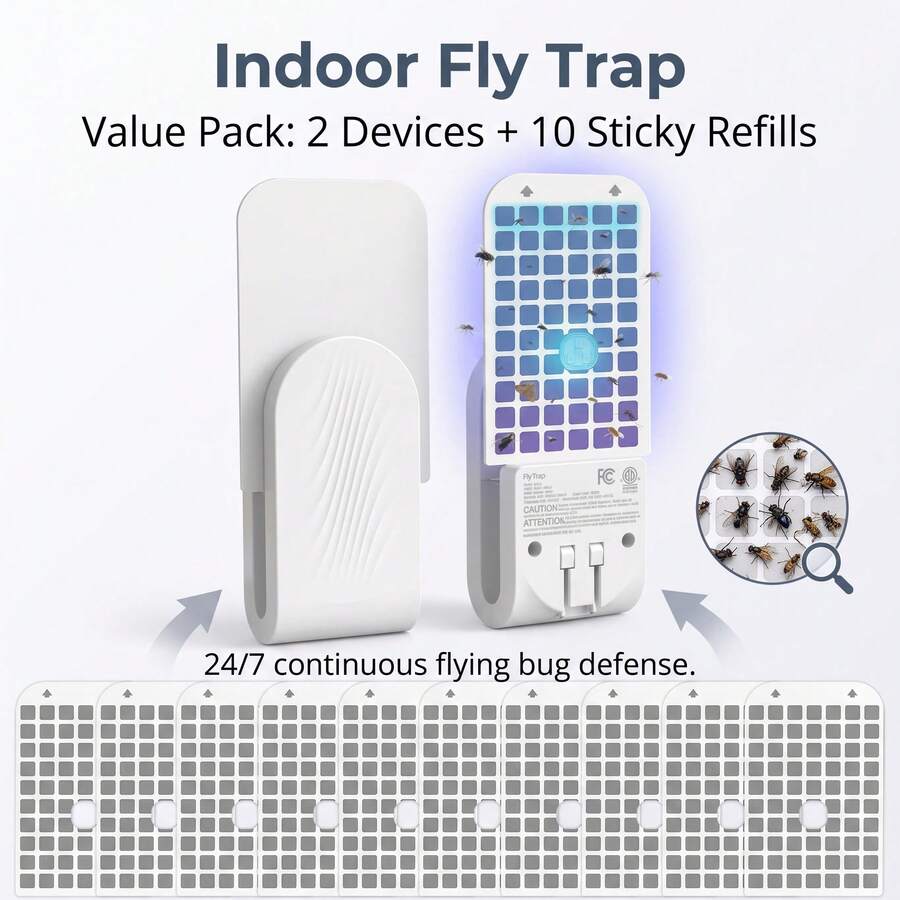2 Pack Fly Trap Indoor(2 Device + 10 Glue Cards), Mosquito Catcher Indoor Plug-In Flying Insect Trap For Mosquito, Fruit Flies, Moths, Gnats, Flies, Fruit Fly Traps For Indoors (White)