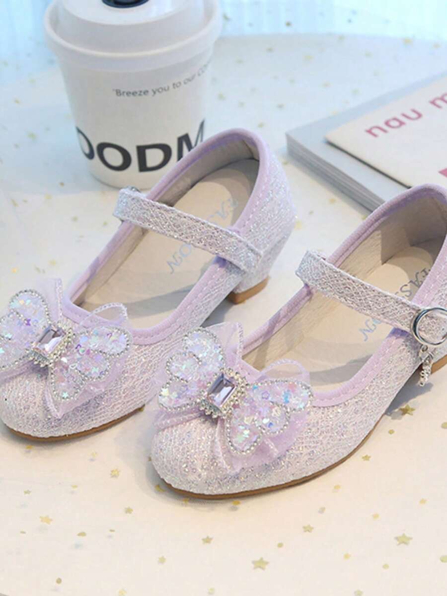 1 Pair Girls' White Glitter Bow Low Heel Princess Shoes, Sapphire Rhinestone Single Strap Small High Heel, Flower Girl Wedding Performance Dress Leather Shoes - Purple - View 1