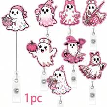 1pc Pink Ghost Retractable Badge Reel Acrylic Halloween Badge Clip Funny Healthcare ID Holder - Multicolor - View 7
