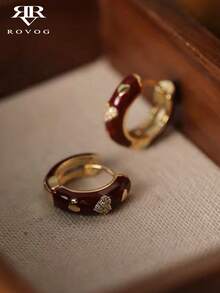 1 Pair Cute Vintage Heart-Shaped Oil-Drip Decor Hoop Earrings, Suitable For Women's Casual And Date Wear - Burgundy - View 1
