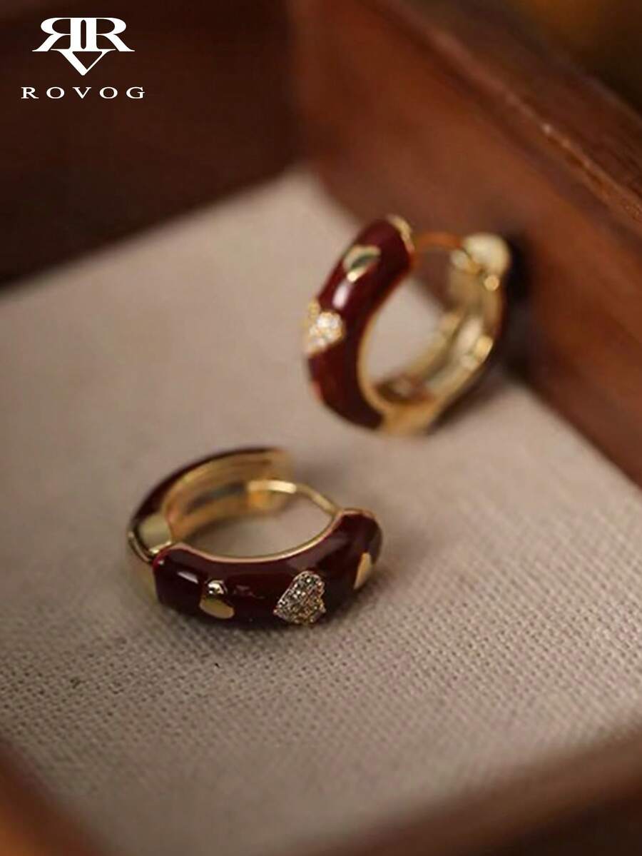 1 Pair Cute Vintage Heart-Shaped Oil-Drip Decor Hoop Earrings, Suitable For Women's Casual And Date Wear - Burgundy - View 1