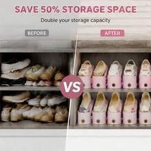 10pcs Entryway Shoe Rack, Vertical Stripes With Gold Rings, Tiered Shoe Storage Organizer, 2-Level Height Adjustable For Flats, High Heels, Thick Sole Shoes, Non-Slip Bottom With Stable Grip, Built-In Handles For Easy Access, Stackable Design To Expand Shoe Cabinet Space, Small Apartment Entryway Dorm Shoe Sorting Storage - Halloween Gift - Pink - View 5