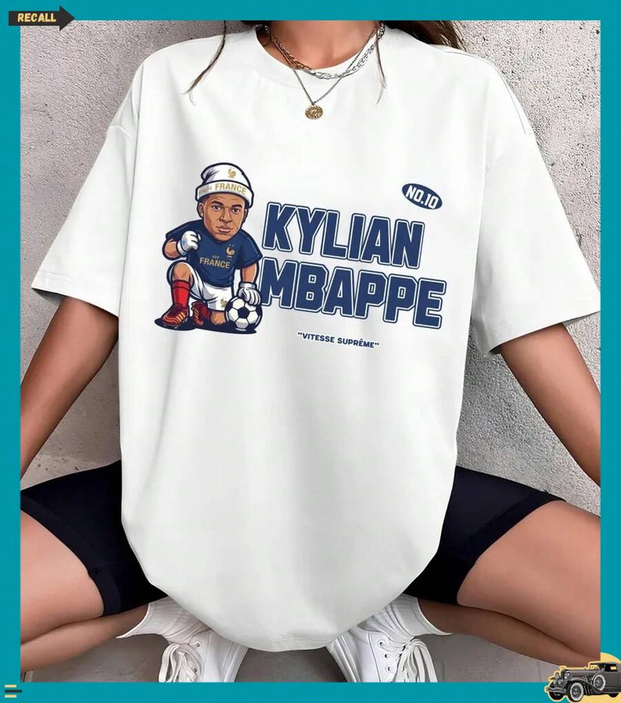 Kylian Mbappé Frankreich - Fußball-Grafik-T-Shirt: Cartoon-Fußballstar-T-Shirt YEHH - Weiss - Übersicht 1