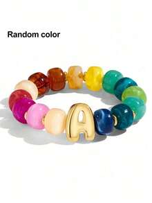 1pc Women's Rainbow Letter Beaded Bracelet, Colorful Resin Large Bead Elastic Bangle, A-Z English Letter Personalized Design, Stackable Fashion Accessory, Suitable For Daily Wear And Gifting - Multicolor - View 24