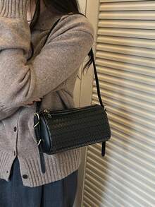 Autumn/Winter Vintage Small Woven Boston Bag For Women - Black - View 4