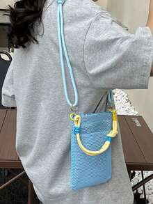 1pc Mini Solid Color Embroidered Soft Hollow Out Colorful Strap Handbag Shoulder Crossbody Bag Phone Wallet For Shopping And Travel,Wristlet - Multicolor - View 5