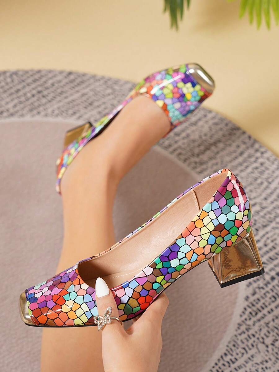 AMROUO 2026 New Women's Colorful Mosaic Low Vamp Pumps With Metal Toe Cap, Square Toe, 4.5cm Chunky Heel, Shiny Finish, Slip-On Mid-Heel High Heels For Party And Commute - Flower - View 1