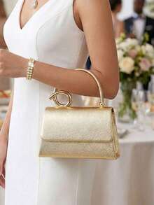 1pc White Palm Print PU Material Clutch Bag With Delicate Metal Beads, Suitable For Wedding/Party/Prom/Formal Occasions, - Gold - View 2