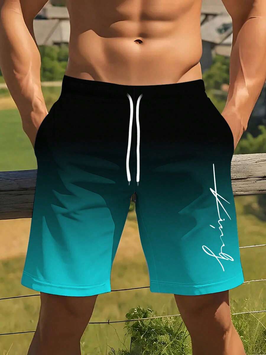 男士几何3D印花休闲短裤，适合海滩、泳池、健身房和户外运动。 - 綠色 - 查看 1