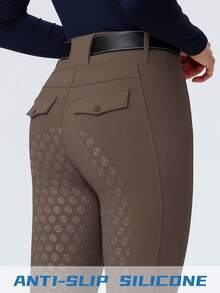 ROYALS MATTINI Women's Solid Horse Riding Pants Tight Fit Silicone Anti-Slip With Pockets High Waist Butt-Lifting Full Silicone Grip Practical Pockets Sports Fall - Coffee Brown - View 3
