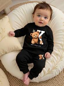 Baby Boy Cartoon Print Warm Crew Neck Sweatshirt And Sweatpants - Black - View 5