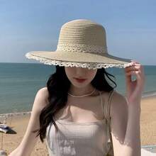 1件女款夏季蕾絲蝴蝶結草帽，優雅甜美風，寬邊防曬帽，適合海邊度假，夏季防曬帽、草帽，單件女款時尚草帽，中性款素色帽，戶外旅行用品，彩虹條紋草編水桶帽，夏季透氣顯臉小防曬帽，海灘時尚草帽禮物，適合日常穿搭 - A - 查看 11
