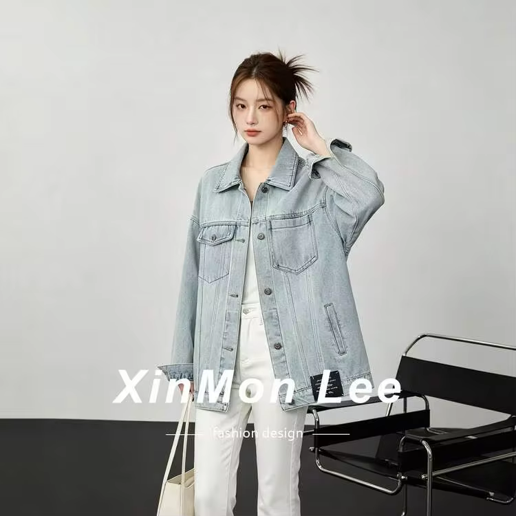 Korean Style Versatile Hong Kong Style Denim Jacket With Buttons, Long Sleeve, College Casual, Daily Office Wear, Spring And Autumn - Baby Blue - View 2