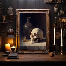 1pc Canvas Wall Art, Framed Wall Decor, Dark Academia Vintage Skull & Whiskey Bottle Still Life Oil Painting Canvas Wall Art, Gothic Gloomy Death Symbol Decor Painting, Suitable For Living Room, Bar, Study, Country Cottage Home Decor, Gift Option, Room Decor, Halloween Bedroom Decor, Home Decor, Horror Gothic Halloween Poster, Halloween Gift - Vintage Skull - View 11