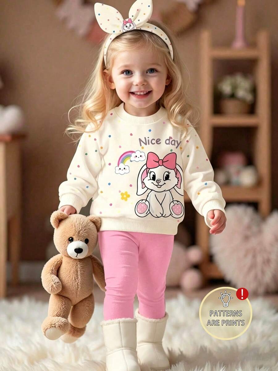 Baby Girl Cartoon Print Round Neck Long Sleeve Top And Leggings - Apricot - View 1
