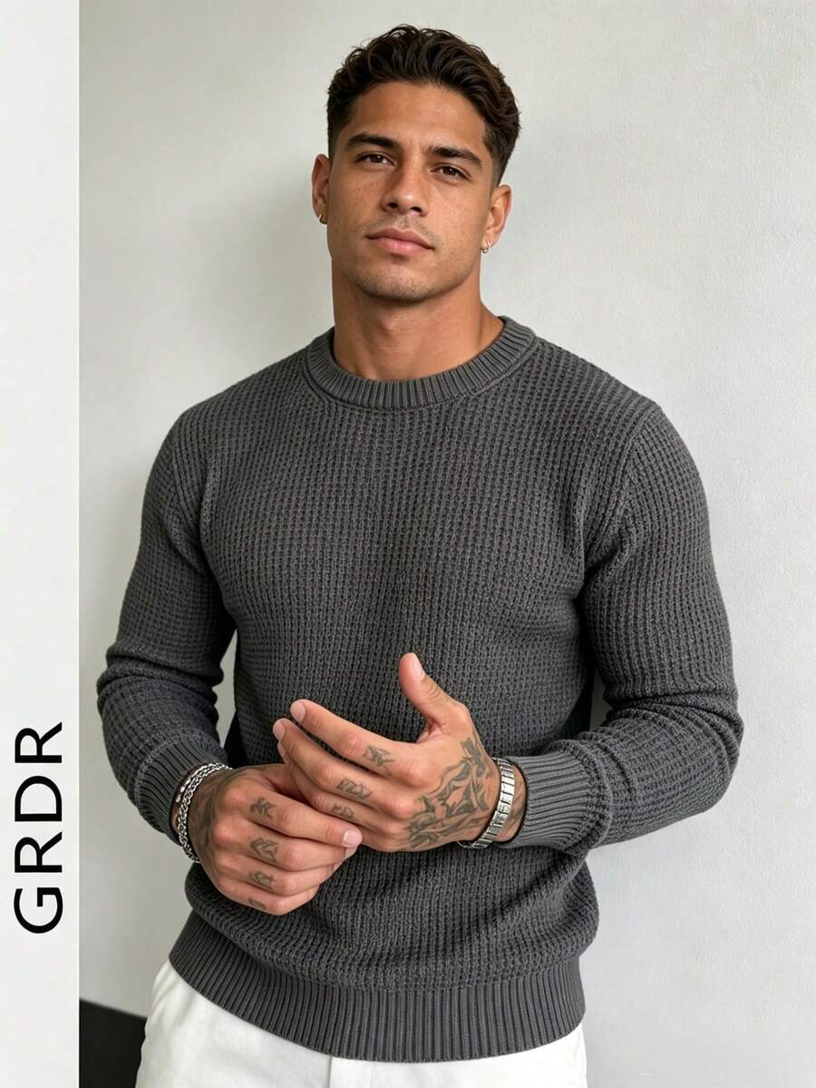 Men's Casual Jacquard Knit Crew Neck Long Sleeve Sweater - Dark Grey - View 1