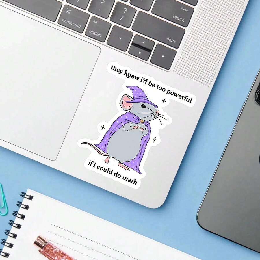 1 pieza Pegatina de ratón mago de dibujos animados, calcomanía de vinilo con humor matemático divertido para portátil, botella de agua, cuaderno, calcomanía de personaje animal impermeable, accesorios de papelería estética para diario y scrapbooking, regalo para adolescentes - S2241 - Ver 1