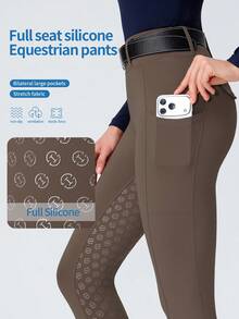 ROYALS MATTINI Women's Solid Horse Riding Pants Tight Fit Silicone Anti-Slip With Pockets High Waist Butt-Lifting Full Silicone Grip Practical Pockets Sports Fall - Coffee Brown - View 2